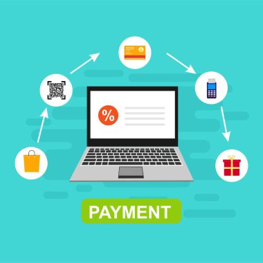 Bilgisayar vektör illüstrasyon online ödeme, kredi kartı ve dizüstü bilgisayar pc konsepti ile düz karikatür büyük ödeme faturası vergi, finansal muhasebe, dijital makbuz ile elektronik ödeme bildirimi - Vektör