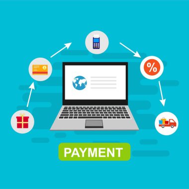Bilgisayar vektör illüstrasyon online ödeme, kredi kartı ve dizüstü bilgisayar pc konsepti ile düz karikatür büyük ödeme faturası vergi, finansal muhasebe, dijital makbuz ile elektronik ödeme bildirimi - Vektör