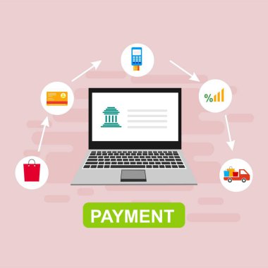 Bilgisayar vektör illüstrasyon online ödeme, kredi kartı ve dizüstü bilgisayar pc konsepti ile düz karikatür büyük ödeme faturası vergi, finansal muhasebe, dijital makbuz ile elektronik ödeme bildirimi - Vektör