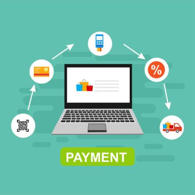 Bilgisayar vektör illüstrasyon online ödeme, kredi kartı ve dizüstü bilgisayar pc konsepti ile düz karikatür büyük ödeme faturası vergi, finansal muhasebe, dijital makbuz ile elektronik ödeme bildirimi - Vektör