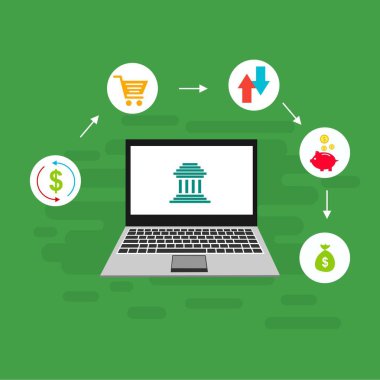 Bilgisayar vektör illüstrasyon online ödeme, kredi kartı ve dizüstü bilgisayar pc konsepti ile düz karikatür büyük ödeme faturası vergi, finansal muhasebe, dijital makbuz ile elektronik ödeme bildirimi - Vektör