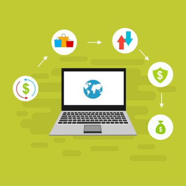 Bilgisayar vektör illüstrasyon online ödeme, kredi kartı ve dizüstü bilgisayar pc konsepti ile düz karikatür büyük ödeme faturası vergi, finansal muhasebe, dijital makbuz ile elektronik ödeme bildirimi - Vektör