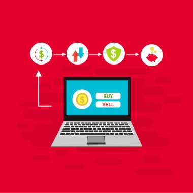 Bilgisayar vektör illüstrasyon online ödeme, kredi kartı ve dizüstü bilgisayar pc konsepti ile düz karikatür büyük ödeme faturası vergi, finansal muhasebe, dijital makbuz ile elektronik ödeme bildirimi - Vektör