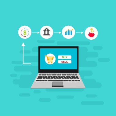 Bilgisayar vektör illüstrasyon online ödeme, kredi kartı ve dizüstü bilgisayar pc konsepti ile düz karikatür büyük ödeme faturası vergi, finansal muhasebe, dijital makbuz ile elektronik ödeme bildirimi - Vektör