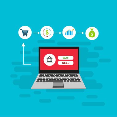Bilgisayar vektör illüstrasyon online ödeme, kredi kartı ve dizüstü bilgisayar pc konsepti ile düz karikatür büyük ödeme faturası vergi, finansal muhasebe, dijital makbuz ile elektronik ödeme bildirimi - Vektör