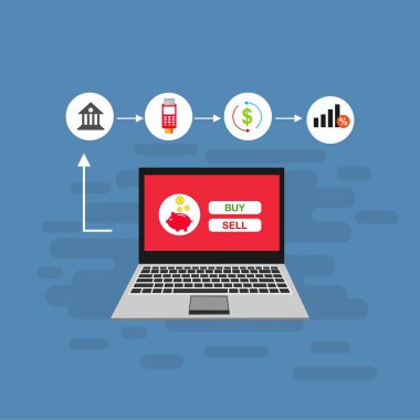 Bilgisayar vektör illüstrasyon online ödeme, kredi kartı ve dizüstü bilgisayar pc konsepti ile düz karikatür büyük ödeme faturası vergi, finansal muhasebe, dijital makbuz ile elektronik ödeme bildirimi - Vektör