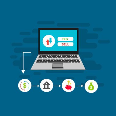 Bilgisayar vektör illüstrasyon online ödeme, kredi kartı ve dizüstü bilgisayar pc konsepti ile düz karikatür büyük ödeme faturası vergi, finansal muhasebe, dijital makbuz ile elektronik ödeme bildirimi - Vektör