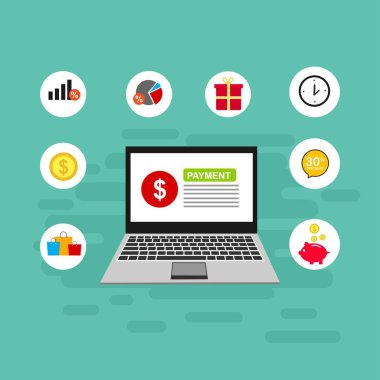Bilgisayar vektör illüstrasyon online ödeme, kredi kartı ve dizüstü bilgisayar pc konsepti ile düz karikatür büyük ödeme faturası vergi, finansal muhasebe, dijital makbuz ile elektronik ödeme bildirimi - Vektör