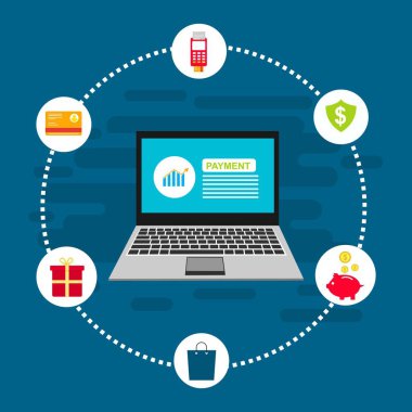 Bilgisayar vektör illüstrasyon online ödeme, kredi kartı ve dizüstü bilgisayar pc konsepti ile düz karikatür büyük ödeme faturası vergi, finansal muhasebe, dijital makbuz ile elektronik ödeme bildirimi - Vektör