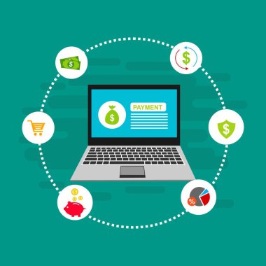 Bilgisayar vektör illüstrasyon online ödeme, kredi kartı ve dizüstü bilgisayar pc konsepti ile düz karikatür büyük ödeme faturası vergi, finansal muhasebe, dijital makbuz ile elektronik ödeme bildirimi - Vektör