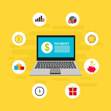 Bilgisayar vektör illüstrasyon online ödeme, kredi kartı ve dizüstü bilgisayar pc konsepti ile düz karikatür büyük ödeme faturası vergi, finansal muhasebe, dijital makbuz ile elektronik ödeme bildirimi - Vektör