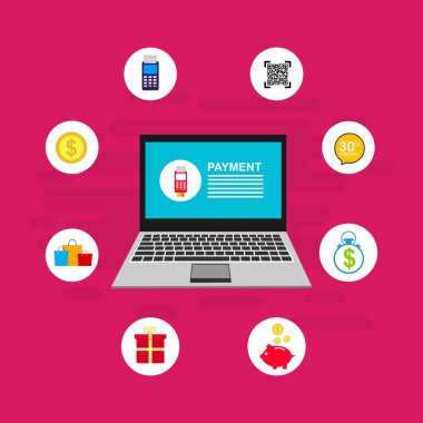 Bilgisayar vektör illüstrasyon online ödeme, kredi kartı ve dizüstü bilgisayar pc konsepti ile düz karikatür büyük ödeme faturası vergi, finansal muhasebe, dijital makbuz ile elektronik ödeme bildirimi - Vektör