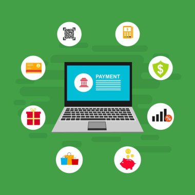 Bilgisayar vektör illüstrasyon online ödeme, kredi kartı ve dizüstü bilgisayar pc konsepti ile düz karikatür büyük ödeme faturası vergi, finansal muhasebe, dijital makbuz ile elektronik ödeme bildirimi - Vektör