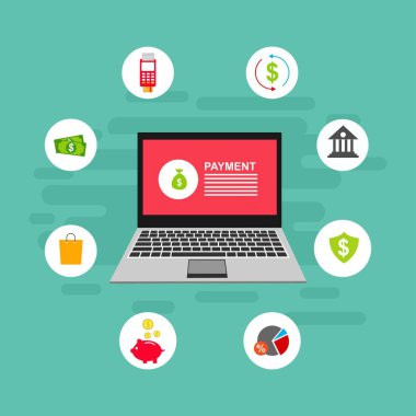 Bilgisayar vektör illüstrasyon online ödeme, kredi kartı ve dizüstü bilgisayar pc konsepti ile düz karikatür büyük ödeme faturası vergi, finansal muhasebe, dijital makbuz ile elektronik ödeme bildirimi - Vektör