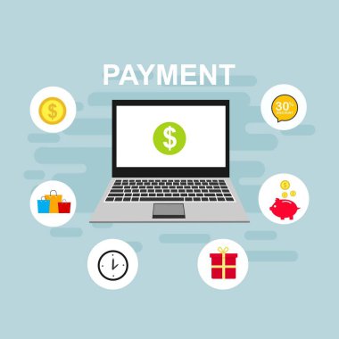 Bilgisayar vektör illüstrasyon online ödeme, kredi kartı ve dizüstü bilgisayar pc konsepti ile düz karikatür büyük ödeme faturası vergi, finansal muhasebe, dijital makbuz ile elektronik ödeme bildirimi - Vektör