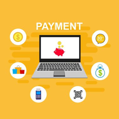 Bilgisayar vektör illüstrasyon online ödeme, kredi kartı ve dizüstü bilgisayar pc konsepti ile düz karikatür büyük ödeme faturası vergi, finansal muhasebe, dijital makbuz ile elektronik ödeme bildirimi - Vektör
