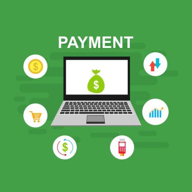 Bilgisayar vektör illüstrasyon online ödeme, kredi kartı ve dizüstü bilgisayar pc konsepti ile düz karikatür büyük ödeme faturası vergi, finansal muhasebe, dijital makbuz ile elektronik ödeme bildirimi - Vektör