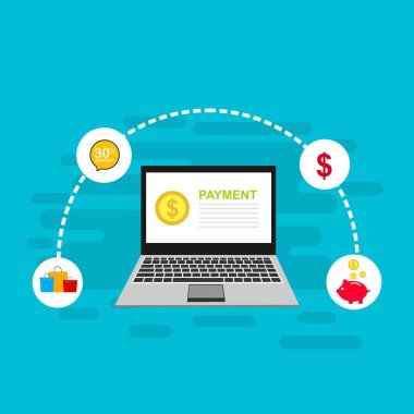Bilgisayar vektör illüstrasyon online ödeme, kredi kartı ve dizüstü bilgisayar pc konsepti ile düz karikatür büyük ödeme faturası vergi, finansal muhasebe, dijital makbuz ile elektronik ödeme bildirimi - Vektör