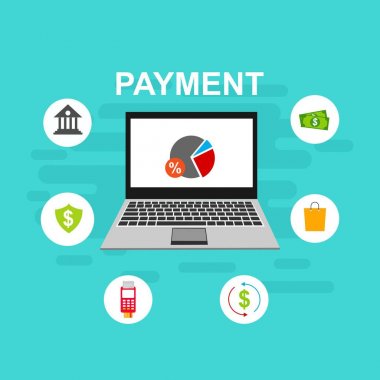 Bilgisayar vektör illüstrasyon online ödeme, kredi kartı ve dizüstü bilgisayar pc konsepti ile düz karikatür büyük ödeme faturası vergi, finansal muhasebe, dijital makbuz ile elektronik ödeme bildirimi - Vektör