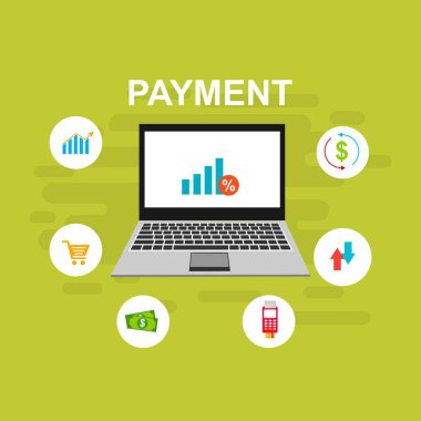 Bilgisayar vektör illüstrasyon online ödeme, kredi kartı ve dizüstü bilgisayar pc konsepti ile düz karikatür büyük ödeme faturası vergi, finansal muhasebe, dijital makbuz ile elektronik ödeme bildirimi - Vektör