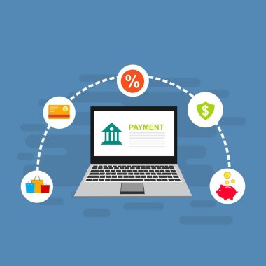 Bilgisayar vektör illüstrasyon online ödeme, kredi kartı ve dizüstü bilgisayar pc konsepti ile düz karikatür büyük ödeme faturası vergi, finansal muhasebe, dijital makbuz ile elektronik ödeme bildirimi - Vektör