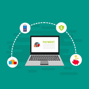 Bilgisayar vektör illüstrasyon online ödeme, kredi kartı ve dizüstü bilgisayar pc konsepti ile düz karikatür büyük ödeme faturası vergi, finansal muhasebe, dijital makbuz ile elektronik ödeme bildirimi - Vektör