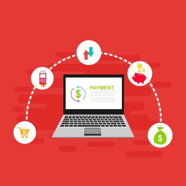 Bilgisayar vektör illüstrasyon online ödeme, kredi kartı ve dizüstü bilgisayar pc konsepti ile düz karikatür büyük ödeme faturası vergi, finansal muhasebe, dijital makbuz ile elektronik ödeme bildirimi - Vektör