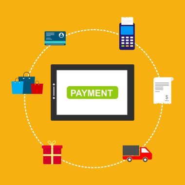 Kavram Online ve mobil ödeme web sayfası, sosyal medya, belgeler, kartları, posterler için. Vektör çizim pos terminali ile bir akıllı telefon, online bankacılık, mobil ödeme ödeme doğruladı