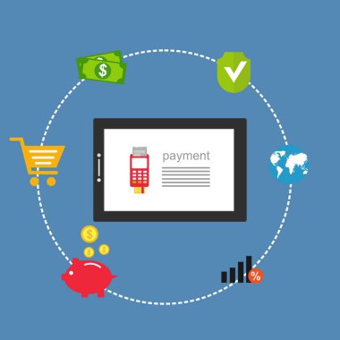 Kavram Online ve mobil ödeme web sayfası, sosyal medya, belgeler, kartları, posterler için. Vektör çizim pos terminali ile bir akıllı telefon, online bankacılık, mobil ödeme ödeme doğruladı