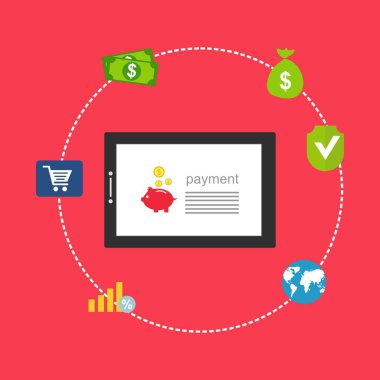 Kavram Online ve mobil ödeme web sayfası, sosyal medya, belgeler, kartları, posterler için. Vektör çizim pos terminali ile bir akıllı telefon, online bankacılık, mobil ödeme ödeme doğruladı