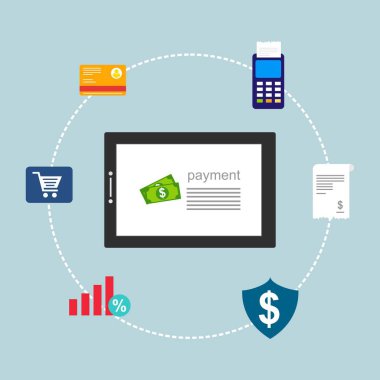 Kavram Online ve mobil ödeme web sayfası, sosyal medya, belgeler, kartları, posterler için. Vektör çizim pos terminali ile bir akıllı telefon, online bankacılık, mobil ödeme ödeme doğruladı