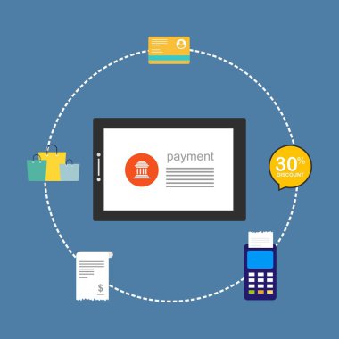 Kavram Online ve mobil ödeme web sayfası, sosyal medya, belgeler, kartları, posterler için. Vektör çizim pos terminali ile bir akıllı telefon, online bankacılık, mobil ödeme ödeme doğruladı
