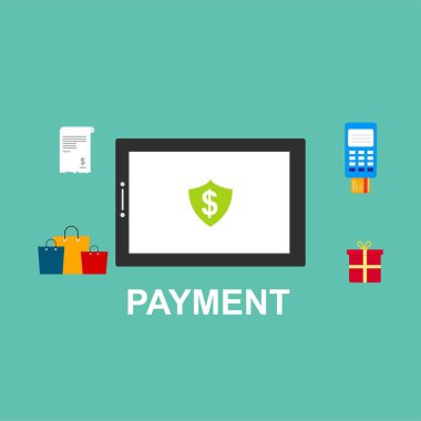 Kavram Online ve mobil ödeme web sayfası, sosyal medya, belgeler, kartları, posterler için. Vektör çizim pos terminali ile bir akıllı telefon, online bankacılık, mobil ödeme ödeme doğruladı