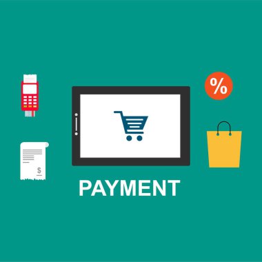 Kavram Online ve mobil ödeme web sayfası, sosyal medya, belgeler, kartları, posterler için. Vektör çizim pos terminali ile bir akıllı telefon, online bankacılık, mobil ödeme ödeme doğruladı