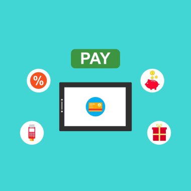 Kavram Online ve mobil ödeme web sayfası, sosyal medya, belgeler, kartları, posterler için. Vektör çizim pos terminali ile bir akıllı telefon, online bankacılık, mobil ödeme ödeme doğruladı