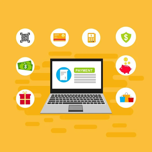 Bilgisayar vektör illüstrasyon online ödeme, kredi kartı ve dizüstü bilgisayar pc konsepti ile düz karikatür büyük ödeme faturası vergi, finansal muhasebe, dijital makbuz ile elektronik ödeme bildirimi - Vektör