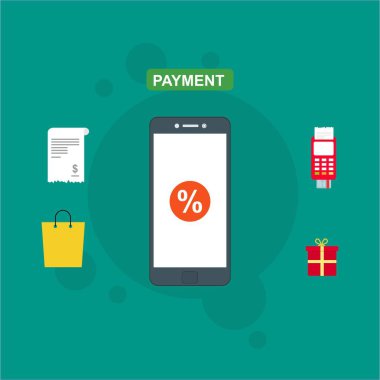 Kavram Online ve mobil ödeme web sayfası, sosyal medya, belgeler, kartları, posterler için. Vektör çizim pos terminali ile bir akıllı telefon, online bankacılık, mobil ödeme ödeme doğruladı.