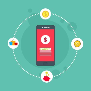 Kavram Online ve mobil ödeme web sayfası, sosyal medya, belgeler, kartları, posterler için. Vektör çizim pos terminali ile bir akıllı telefon, online bankacılık, mobil ödeme ödeme doğruladı.