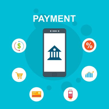 Kavram Online ve mobil ödeme web sayfası, sosyal medya, belgeler, kartları, posterler için. Vektör çizim pos terminali ile bir akıllı telefon, online bankacılık, mobil ödeme ödeme doğruladı.