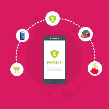 Kavram Online ve mobil ödeme web sayfası, sosyal medya, belgeler, kartları, posterler için. Vektör çizim pos terminali ile bir akıllı telefon, online bankacılık, mobil ödeme ödeme doğruladı.