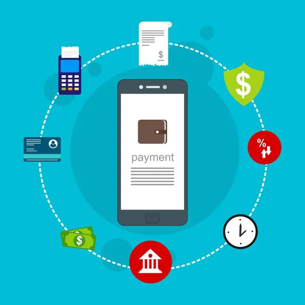 Kavram Online ve mobil ödeme web sayfası, sosyal medya, belgeler, kartları, posterler için. Vektör çizim pos terminali ile bir akıllı telefon, online bankacılık, mobil ödeme ödeme doğruladı.