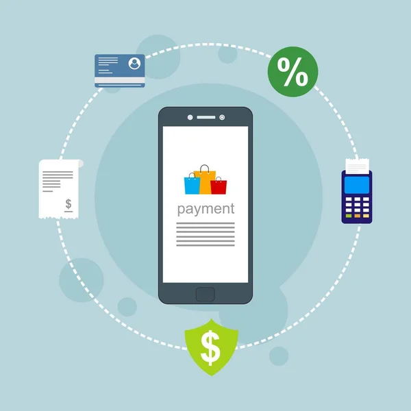 Kavram Online ve mobil ödeme web sayfası, sosyal medya, belgeler, kartları, posterler için. Vektör çizim pos terminali ile bir akıllı telefon, online bankacılık, mobil ödeme ödeme doğruladı.