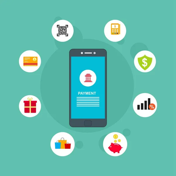 Kavram Online ve mobil ödeme web sayfası, sosyal medya, belgeler, kartları, posterler için. Vektör çizim pos terminali ile bir akıllı telefon, online bankacılık, mobil ödeme ödeme doğruladı.