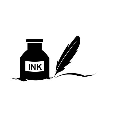 Tüy kalem mürekkebi ve mürekkep şişesi resimleme izole vektör işareti sembolü