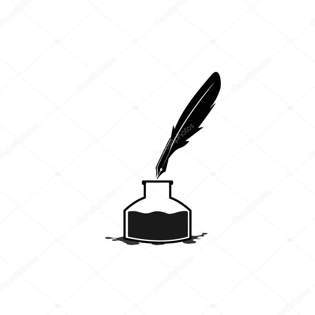 Feather pen ink and ink bottle icon illustration isolated vector sign symbol