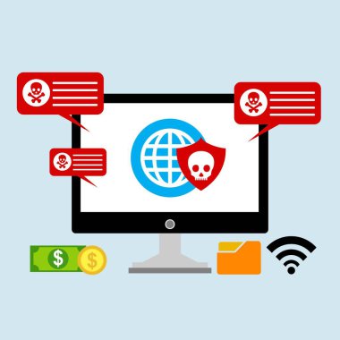 Hacker etkinlik bilgisayarı. Cep telefonu vektörü, zararlı yazılım konsepti, spam verisi, dolandırıcılık internet hatası, güvensiz bağlantı, çevrimiçi dolandırıcılık, virüs uyarısı