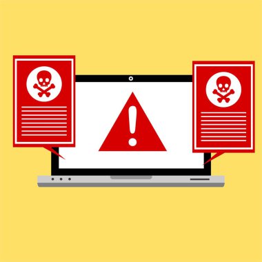 Bilgisayar virüsü alarmı. Kötü amaçlı dizüstü bilgisayar dolandırıcılığı güvenlik hatası kafatası mesajı.