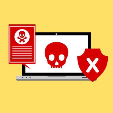 Bilgisayar virüsü alarmı. Kötü amaçlı dizüstü bilgisayar dolandırıcılığı güvenlik hatası kafatası mesajı.