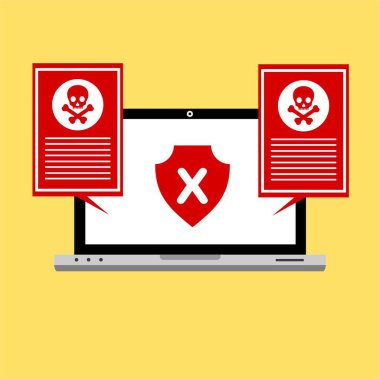 Bilgisayar virüsü alarmı. Kötü amaçlı dizüstü bilgisayar dolandırıcılığı güvenlik hatası kafatası mesajı.