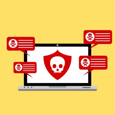 Bilgisayar virüsü alarmı. Kötü amaçlı dizüstü bilgisayar dolandırıcılığı güvenlik hatası kafatası mesajı.